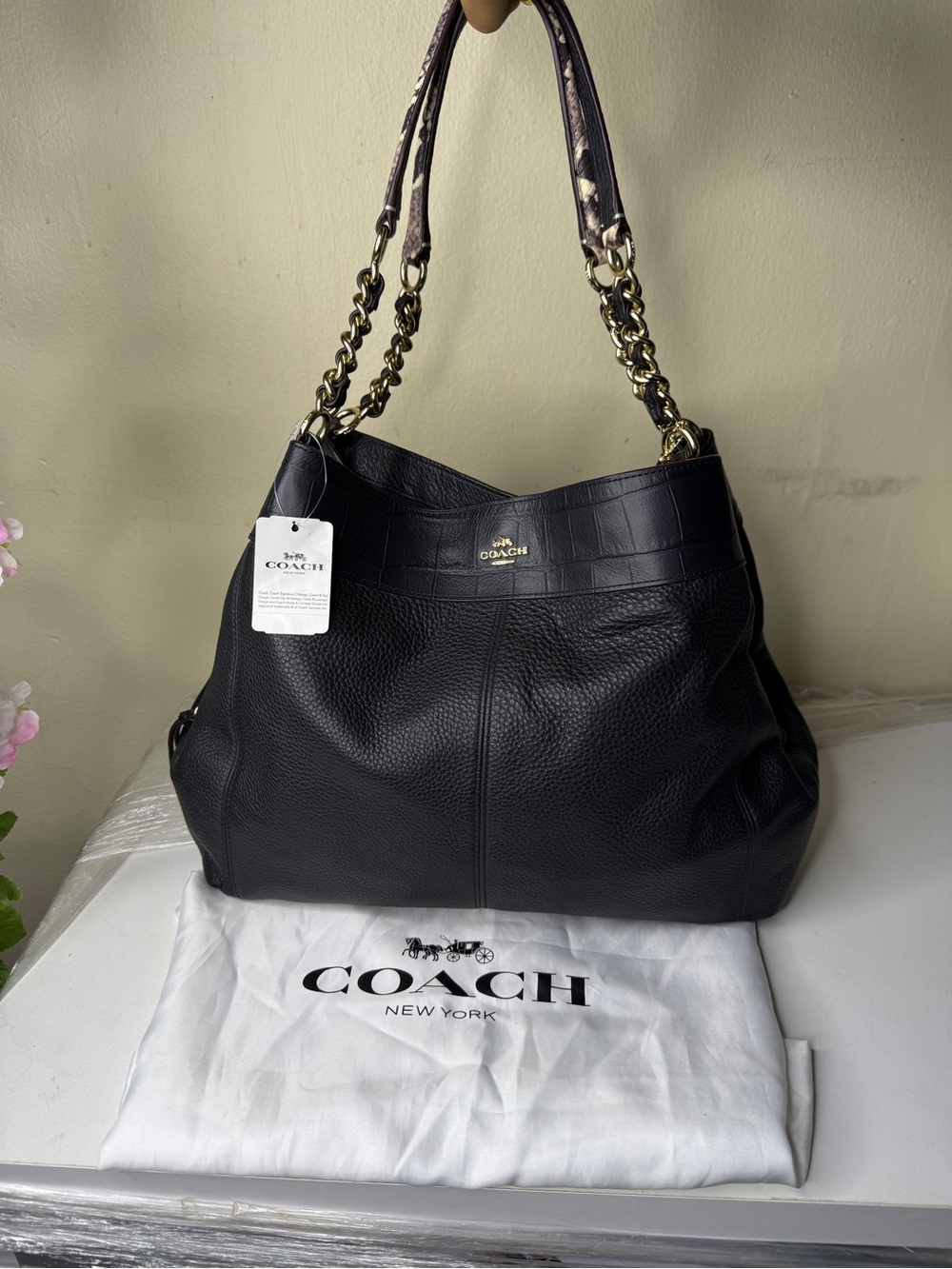 Coach Black Leather Shoulder Hobo with Gold Chain Straps